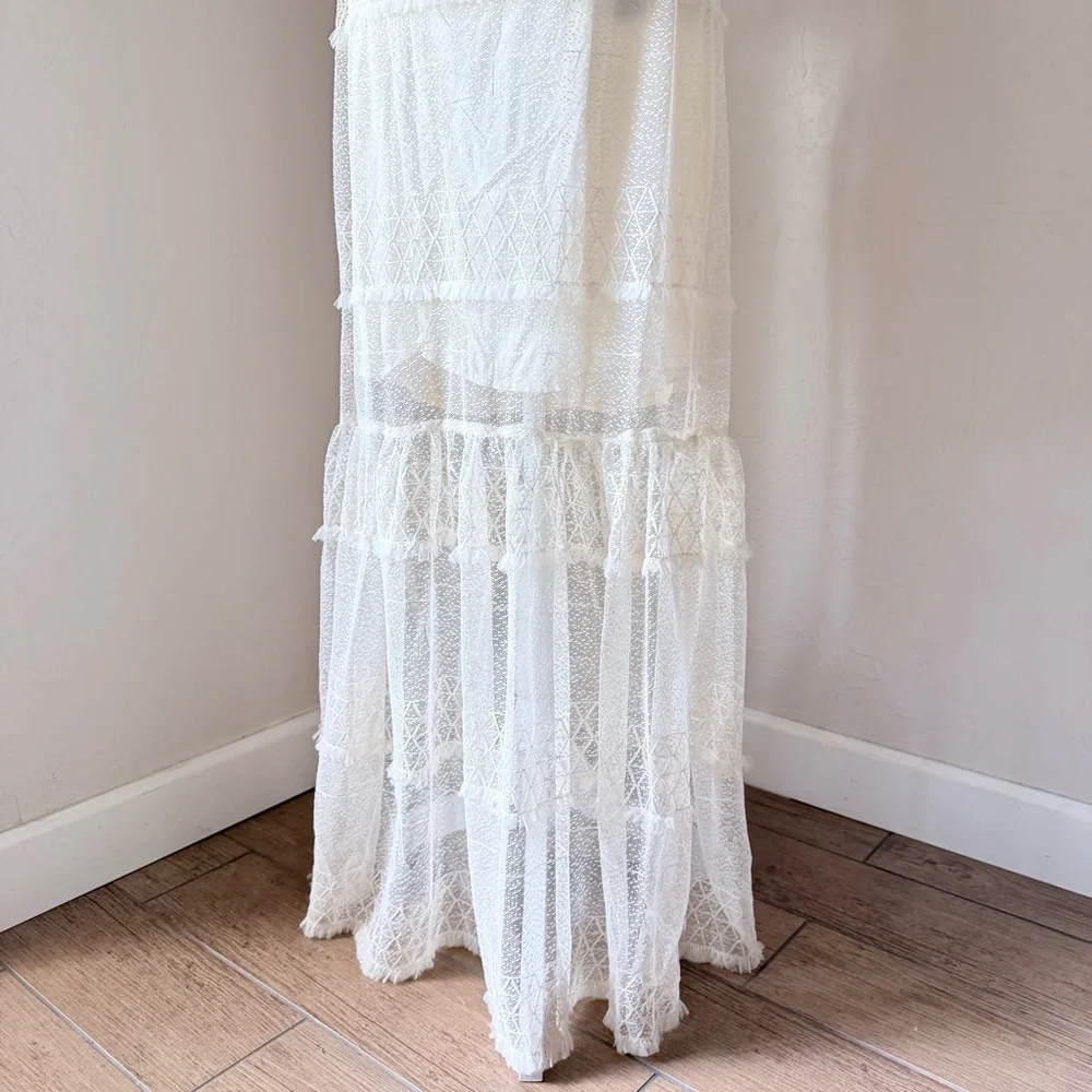 NWT Skylar Rose Off The Shoulder Open Back Boho Tiered Lace Maxi Dress Cream M - Picture 8 of 15